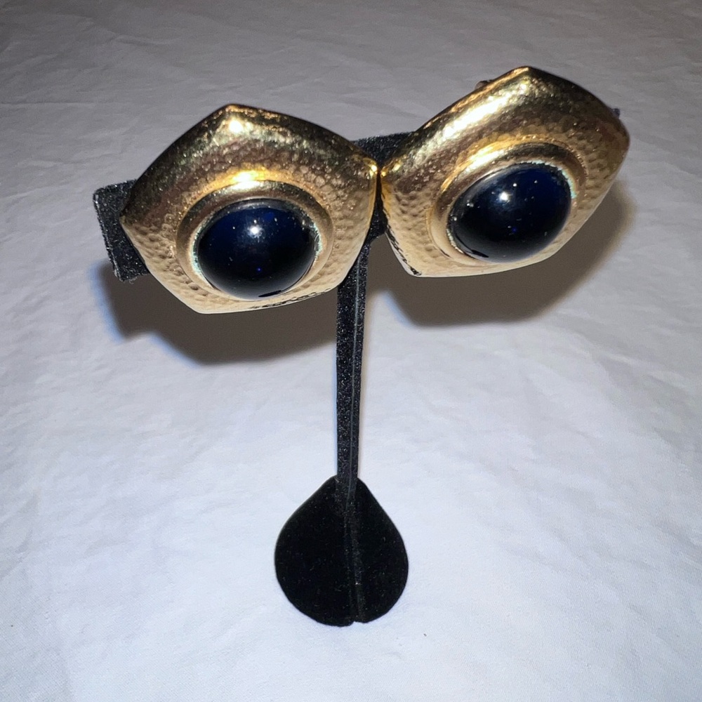 MONET Hammered Gold Tone Clip On Earrings, Domed Blue Glass Clip Earrings‎